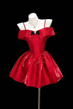 Red Satin Party Dress Spaghetti Strap Bubble Skirt Prom Gown HZ0429