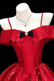 Red Satin Party Dress Spaghetti Strap Bubble Skirt Prom Gown HZ0429