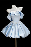 Light Blue Satin Party Dress Off Shoulder Ruffle Neck Prom Gown HZ0429