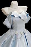 Light Blue Satin Party Dress Off Shoulder Ruffle Neck Prom Gown HZ0429