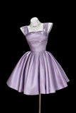 Lilac Satin Square Neck Prom Dress Wide Strap Pleated Skirt Party Gown HZ0429